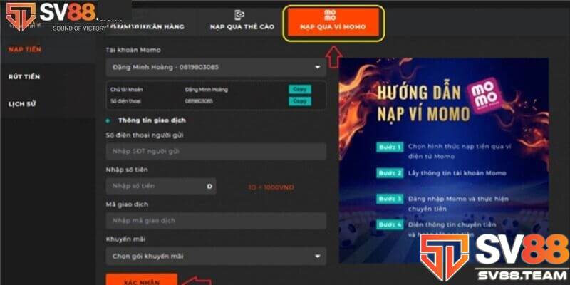 Hình thức nạp tiền phổ biến nhất tại SV88 chính là ví điện tử Momo